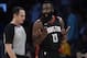 LOS ANGELES, CA - DECEMBER 3: James Harden #13 of the Houston Rockets complains to referee Marat Kogut #32 during the second half against Los Angeles Lakers at Staples Center December 3, 2017, in Los Angeles, California. NOTE TO USER: User expressly acknowledges and agrees that, by downloading and or using this photograph, User is consenting to the terms and conditions of the Getty Images License Agreement. (Photo by Kevork Djansezian/Getty Images)