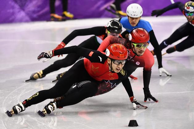 China's Wu Dajing leads in the men's 500m short track speed skating semi-final event during the Pyeongchang 2018 Winter Olympic Games, at the Gangneung Ice Arena in Gangneung on February 22, 2018. / AFP PHOTO / ARIS MESSINIS        (Photo credit should read ARIS MESSINIS/AFP/Getty Images)