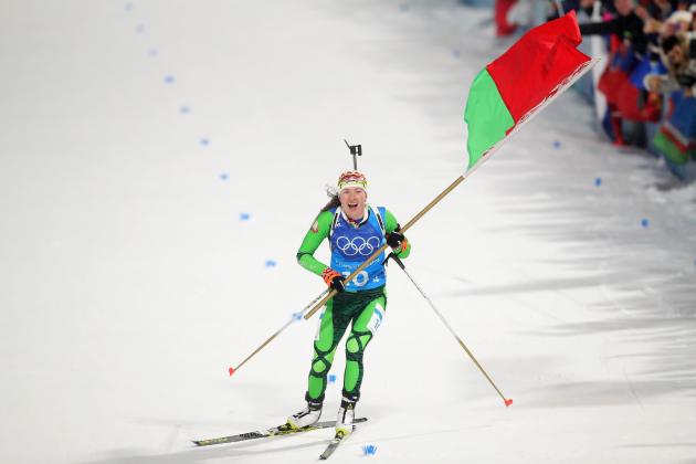 PYEONGCHANG-GUN, SOUTH KOREA - FEBRUARY 22: Darya Domracheva of Belarus celebrates as she appraoches the line to win gold during the Women's 4x6km Relay on day 13 of the PyeongChang 2018 Winter Olympic Games at Alpensia Biathlon Centre on February 22, 2018 in Pyeongchang-gun, South Korea. (Photo by Alexander Hassenstein/Getty Images)