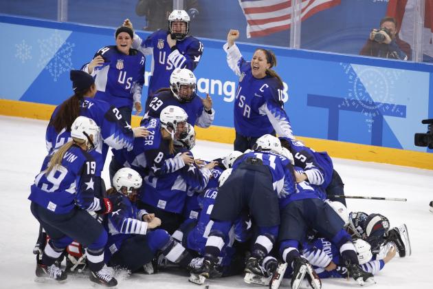 The United States players celebrate after winning the women's gold medal hockey game against Canada at the 2018 Winter Olympics in Gangneung, South Korea, Thursday, Feb. 22, 2018. (AP Photo/Jae C. Hong)