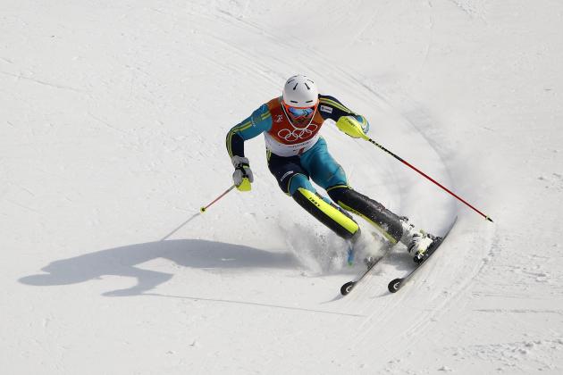 Gold medalist Andre Myhrer, of Sweden, makes his final run in the men's slalom at the 2018 Winter Olympics in Pyeongchang, South Korea, Thursday, Feb. 22, 2018. (AP Photo/Charlie Riedel)