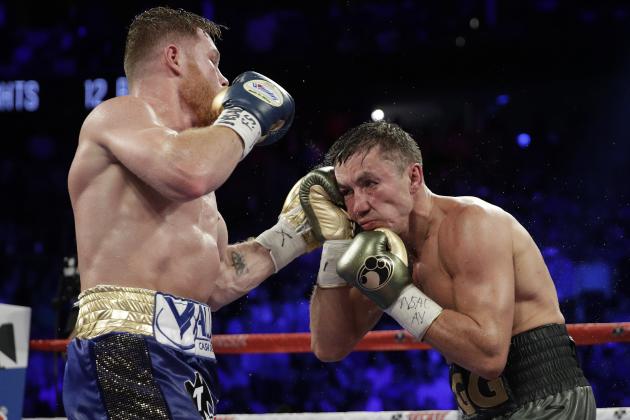 Canelo Alvarez, left, fights Gennady Golovkin during a middleweight title fight Sunday, Sept. 17, 2017, in Las Vegas. (AP Photo/John Locher)
