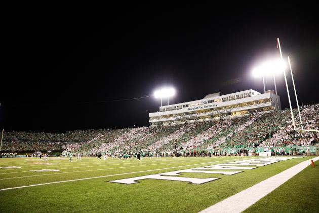 Fans fill Marshall's Joan C. Edwards stadium during the first half of an NCAA college football game in Huntington, W. Va., Saturday Sept. 24, 2016. (AP Photo/Walter Scriptunas II)