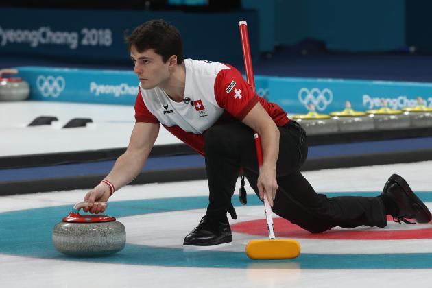 GANGNEUNG, SOUTH KOREA - FEBRUARY 23: Benoit Schwarz of Switzerland competes during the Bronze Medal match between Canada and Switzerland on day fourteen of the PyeongChang 2018 Winter Olympic Games at Gangneung Curling Centre on February 23, 2018 in Gangneung, South Korea. (Photo by Robert Cianflone/Getty Images)