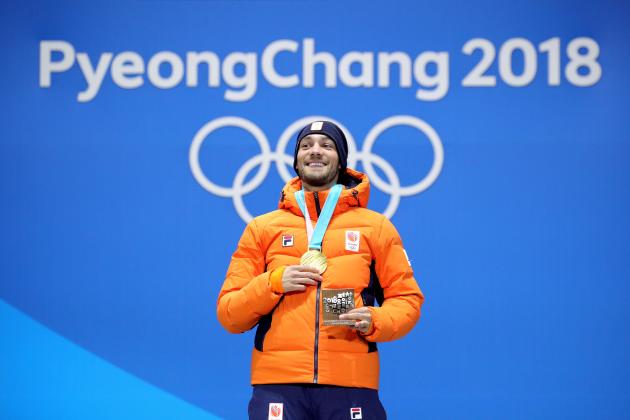 PYEONGCHANG-GUN, SOUTH KOREA - FEBRUARY 14: Gold medalist Kjeld Nuis of the Netherlands poses during the medal ceremony for the Men's 1500m Speed Skating on day five of the PyeongChang 2018 Winter Olympics at Medal Plaza on February 14, 2018 in Pyeongchang-gun, South Korea. (Photo by Andreas Rentz/Getty Images)