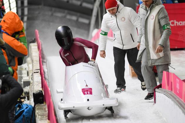 Russia's Nadezhda Sergeeva and Russia's Anastasia Kocherzhova compete in the women's bobsleigh heat 4 final run during the Pyeongchang 2018 Winter Olympic Games at the Olympic Sliding Centre on February 21, 2018 in Pyeongchang. / AFP PHOTO / Mark RALSTON (Photo credit should read MARK RALSTON/AFP/Getty Images)