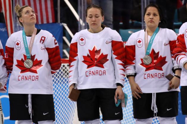 GANGNEUNG, SOUTH KOREA - FEBRUARY 22:  Jocelyne Larocque #3 of Canada refuses to wear her silver medal after losing to the United States in the Women's Gold Medal Game on day thirteen of the PyeongChang 2018 Winter Olympic Games at Gangneung Hockey Centre on February 22, 2018 in Gangneung, South Korea.  (Photo by Bruce Bennett/Getty Images)