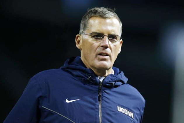 Connecticut head coach Randy Edsall comes off the field following an NCAA college football game against Boston College at Fenway Park in Boston, Saturday, Nov. 18, 2017. Boston College won 39-16. (AP Photo/Michael Dwyer)