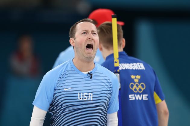 GANGNEUNG, SOUTH KOREA - FEBRUARY 24: John Shuster of the United States reacts during the game against Sweden during the Curling Men's Gold Medal game on day fifteen of the PyeongChang 2018 Winter Olympic Games at Gangneung Curling Centre on February 24, 2018 in Gangneung, South Korea. (Photo by Richard Heathcote/Getty Images)