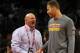 SHENZHEN, CHINA - OCTOBER 11:Steve Ballmer, owner of Los Angeles Clippers talks with Blake Griffin #32 of Los Angeles Clippers before the match between Charlotte Hornets and Los Angeles Clippers as part of the 2015 NBA Global Games China at Universiade Centre on October 11, 2015 in Shenzhen, China. (Photo by Zhong Zhi/Getty Images)