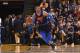 OAKLAND, CA - FEBRUARY 24: Russell Westbrook #0 of the Oklahoma City Thunder handles the ball against the Golden State Warriors on February 24, 2018 at ORACLE Arena in Oakland, California. NOTE TO USER: User expressly acknowledges and agrees that, by downloading and or using this photograph, user is consenting to the terms and conditions of Getty Images License Agreement. Mandatory Copyright Notice: Copyright 2018 NBAE (Photo by Noah Graham/NBAE via Getty Images)