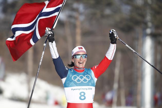 Norway's Marit Bjoergen celebrates her gold medal win in the women's 30km cross country mass start classic at the Alpensia cross country ski centre during the Pyeongchang 2018 Winter Olympic Games on February 25, 2018 in Pyeongchang. / AFP PHOTO / Odd ANDERSEN (Photo credit should read ODD ANDERSEN/AFP/Getty Images)