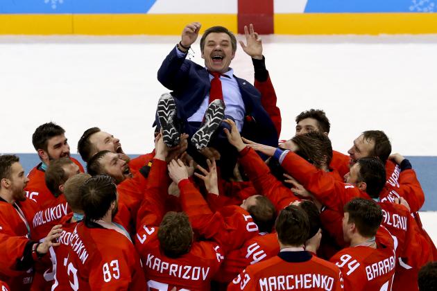 GANGNEUNG, SOUTH KOREA - FEBRUARY 25: Coach of OAR Oleg Znarok is celebrated by his players after victory following the Men's Ice Hockey Gold Medal match between Germany and Olympic Athletes from Russia on day sixteen of the 2018 Winter Olympic Games at Gangneung Hockey Centre on February 25, 2018 in Gangneung, South Korea. (Photo by Jean Catuffe/Getty Images)