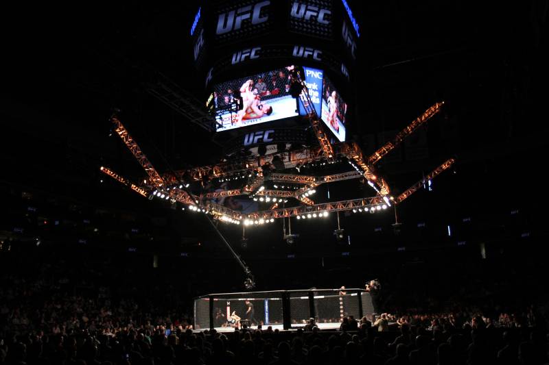 An overall, general view of the Octagon at the Prudential Center at UFC 159 in Newark, NJ, Saturday, April 27,2013. (AP Photo/Gregory Payan)