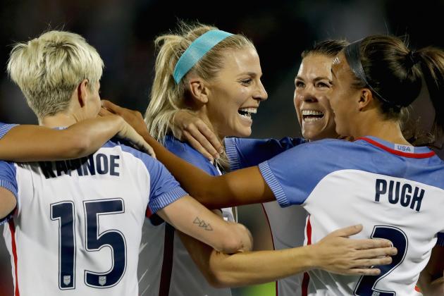 COMMERCE CITY, CO - SEPTEMBER 15: Megan Rapinoe #15, Julie Ertz #8, Kelley O'Hara #5 and Mallory Pugh #2 of the United States celebrate Ertz'z second goal in the first half against New Zealand at Dick's Sporting Goods Park on September 15, 2017 in Commerce City, Colorado.  (Photo by Matthew Stockman/Getty Images)