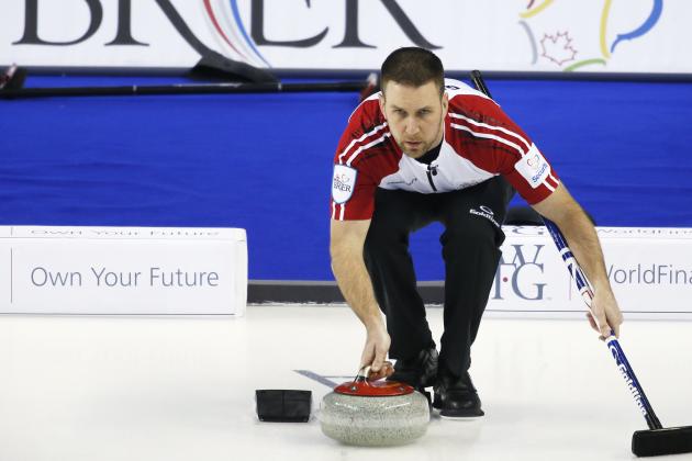 CALGARY, AB - MARCH 1: Newfoundland and Labrador skip Brad Gushue delivers his shot in his game against Northwest Territories during the Tim Horton's Brier at the Scotiabank Saddledome on March 1, 2015 in Calgary, Alberta, Canada. (Photo by Todd Korol/Getty Images)
