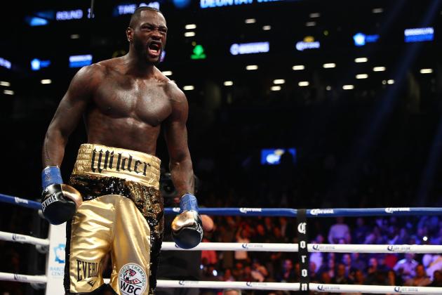 NEW YORK, NY - NOVEMBER 04:  Deontay Wilder celebrates after knocking down Bermane Stiverne in the first round during their rematch for Wilder's WBC heavyweight title at the Barclays Center on November 4, 2017 in the Brooklyn Borough of  New York City.  (Photo by Al Bello/Getty Images)