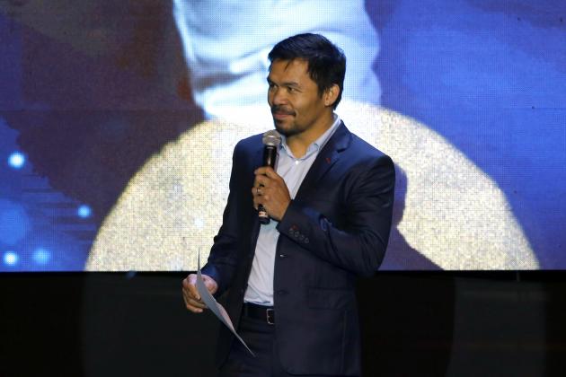 GENERAL SANTOS, PHILIPPINES - DECEMBER 17:  Boxer Manny Pacquiao speaks as he celebrates his 39th birthday at KCC convention center on December 17, 2017 in General Santos, Philippines.  (Photo by Jeoffrey Maitem/Getty Images)