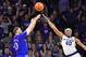 MANHATTAN, KS - JANUARY 29: Sviatoslav Mykhailiuk #10 of the Kansas Jayhawks shoots and hits a three-point shot against Xavier Sneed #20 of the Kansas State Wildcats during the second half on January 29, 2018 at Bramlage Coliseum in Manhattan, Kansas. (Photo by Peter G. Aiken/Getty Images)