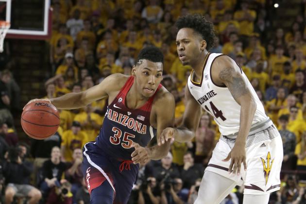 Arizona guard Allonzo Trier (35) in the second half during an NCAA college basketball game against Arizona State, Thursrday, Feb. 15, 2018, in Tempe, Ariz. Arizona defeated Arizona State 77-70. (AP Photo/Rick Scuteri)