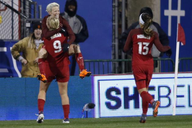 United States forward Megan Rapinoe (15) celebrates her goal against  Germany with teammates midfielder Lindsey Horan (9) and forward Alex Morgan (13) during the first half of their SheBelieves Cup match  at Mapfre Stadium in Columbus, Ohio, March 1, 2018.  / AFP PHOTO / Paul Vernon        (Photo credit should read PAUL VERNON/AFP/Getty Images)