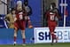 United States forward Megan Rapinoe (15) celebrates her goal against Germany with teammates midfielder Lindsey Horan (9) and forward Alex Morgan (13) during the first half of their SheBelieves Cup match at Mapfre Stadium in Columbus, Ohio, March 1, 2018. / AFP PHOTO / Paul Vernon (Photo credit should read PAUL VERNON/AFP/Getty Images)