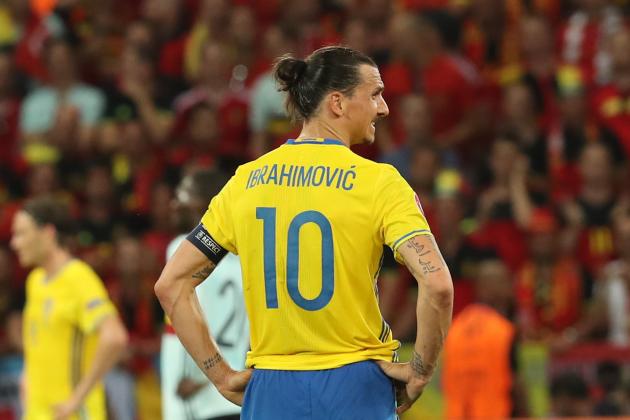 Sweden's Zlatan Ibrahimovic, center, reacts end of the Euro 2016 Group E soccer match between Sweden and Belgium at the Allianz Riviera stadium in Nice, France, Wednesday, June 22, 2016. Belgium won 1-0. (AP Photo/Thanassis Stavrakis)