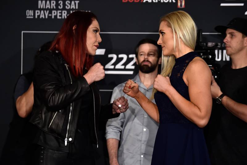 LAS VEGAS, NV - MARCH 01: Opponents Cris Cyborg of Brazil (L) and Yana Kunitskaya of Russia face off during the UFC 222 Ultimate Media Day at MGM Grand Hotel & Casino on March 1, 2018 in Las Vegas, Nevada. (Photo by Jeff Bottari/Zuffa LLC/Zuffa LLC via Getty Images)