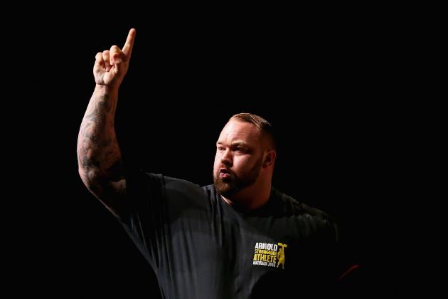 MELBOURNE, AUSTRALIA - MARCH 19:  Hafthor Julius Bjornsson of Iceland celebrates winning the Arnold Classic Professional Strongman competition during the 2016 Arnold Classic on March 19, 2016 in Melbourne, Australia.  (Photo by Quinn Rooney/Getty Images)