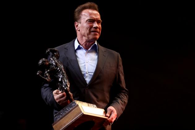 COLUMBUS, OH - MARCH 4: Arnold Schwarzenegger holds the Arnold Classic trophy onstage at the Greater Columbus Convention Center during the Arnold Sports Festival 2017 on March 4, 2017 in Columbus, Ohio. (Photo by Maddie Meyer/Getty Images)