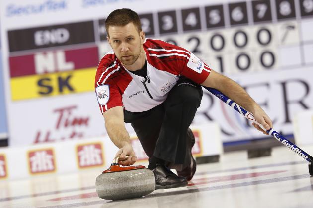CALGARY, AB - MARCH 8: Newfoundland and Labrador skip Brad Gushue delivers his shot in the bronze medal game against Saskatchewan during the Tim Horton's Brier at the Scotiabank Saddledome on March 8, 2015 in Calgary, Alberta, Canada. (Photo by Todd Korol/Getty Images)