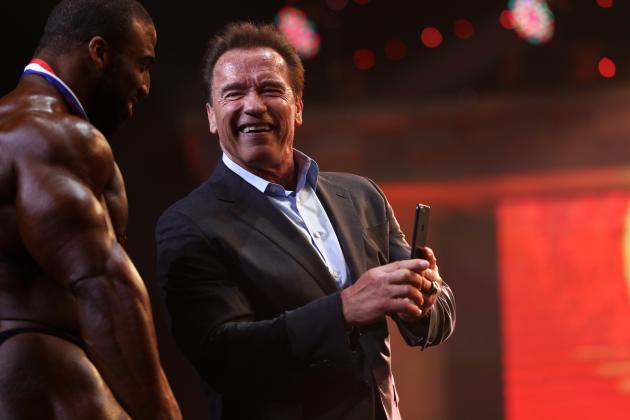 COLUMBUS, OH - MARCH 4: Arnold Schwarzenegger talks with Arnold Classic winner Cedric McMillan at the Greater Columbus Convention Center during the Arnold Sports Festival 2017 on March 4, 2017 in Columbus, Ohio. (Photo by Maddie Meyer/Getty Images)