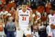 CHARLOTTESVILLE, VA - MARCH 3: Isaiah Wilkins #21 of the Virginia Cavaliers cheers in the second half during a game against the Notre Dame Fighting Irish at John Paul Jones Arena on March 3, 2018 in Charlottesville, Virginia. Virginia defeated Notre Dame 62-57. (Photo by Ryan M. Kelly/Getty Images)