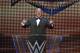 IMAGE DISTRIBUTED FOR WWE - Kurt Angle addresses the crowd after being inducted into the WWE Hall of Fame as part of the WrestleMania 33 weekend at a ceremony on Friday, March 31, 2017, in Orlando, Fla. (Phelan M. Ebenhack/AP Images for WWE)