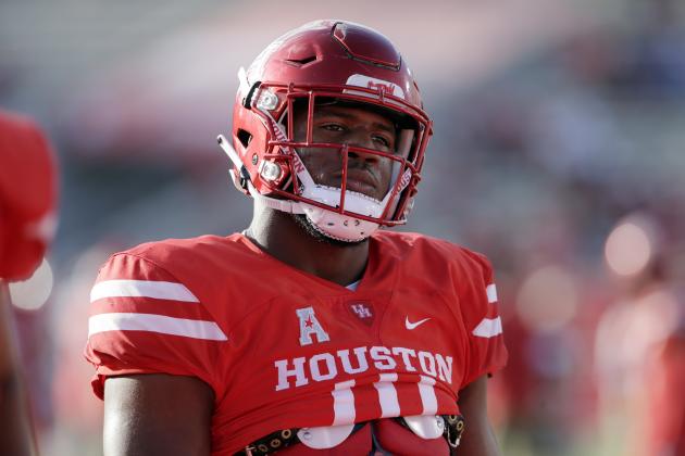Houston defensive tackle Ed Oliver (10) during warm ups before the start of an NCAA college football game against SMU Saturday, Oct. 7, 2017, in Houston. (AP Photo/Michael Wyke)