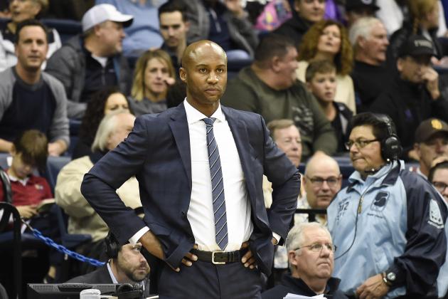 San Diego head coach Lamont Smith looks on during the first half of an NCAA college basketball game against Gonzaga Thursday, Feb. 22, 2018, in San Diego. (AP Photo/Denis Poroy)