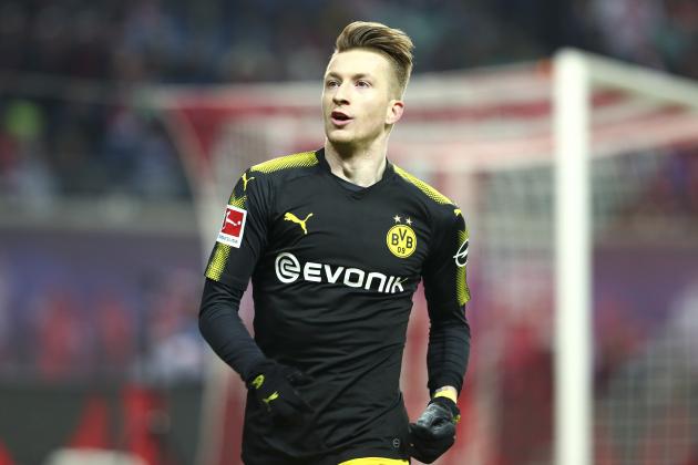 LEIPZIG, GERMANY - MARCH 03: Marco Reus of Dortmund celebrates after scoring his team`s first goal during the Bundesliga match between RB Leipzig and Borussia Dortmund at Red Bull Arena on March 3, 2018 in Leipzig, Germany. (Photo by TF-Images/TF-Images via Getty Images)