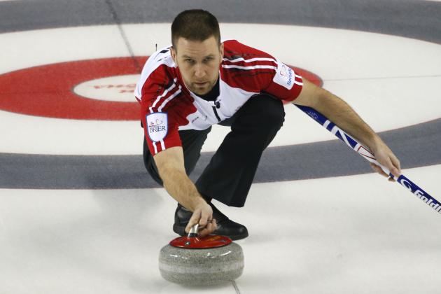 CALGARY, AB - MARCH 1: Newfoundland and Labrador skip Brad Gushue delivers his shot in his game against Northwest Territories during the Tim Horton's Brier at the Scotiabank Saddledome on March 1, 2015 in Calgary, Alberta, Canada. (Photo by Todd Korol/Getty Images)