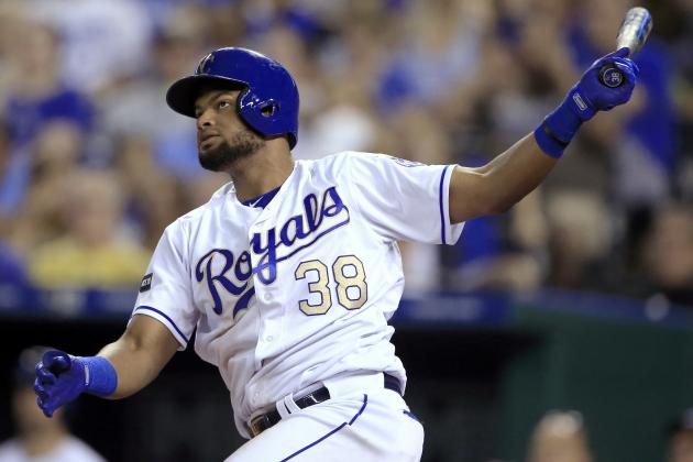 Kansas City Royals' Jorge Bonifacio watches his double off Cleveland Indians starting pitcher Josh Tomlin during the seventh inning of a baseball game at Kauffman Stadium in Kansas City, Mo., Friday, June 2, 2017. (AP Photo/Orlin Wagner)