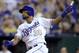 Kansas City Royals' Jorge Bonifacio watches his double off Cleveland Indians starting pitcher Josh Tomlin during the seventh inning of a baseball game at Kauffman Stadium in Kansas City, Mo., Friday, June 2, 2017. (AP Photo/Orlin Wagner)