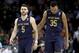 NEW YORK, NY - MARCH 07: Matt Farrell #5 and Bonzie Colson #35 of the Notre Dame Fighting Irish share a moment in the second half against the Virginia Tech Hokies during the second round of the ACC Men's Basketball Tournament at Barclays Center on March 7, 2018 in New York City. (Photo by Abbie Parr/Getty Images)