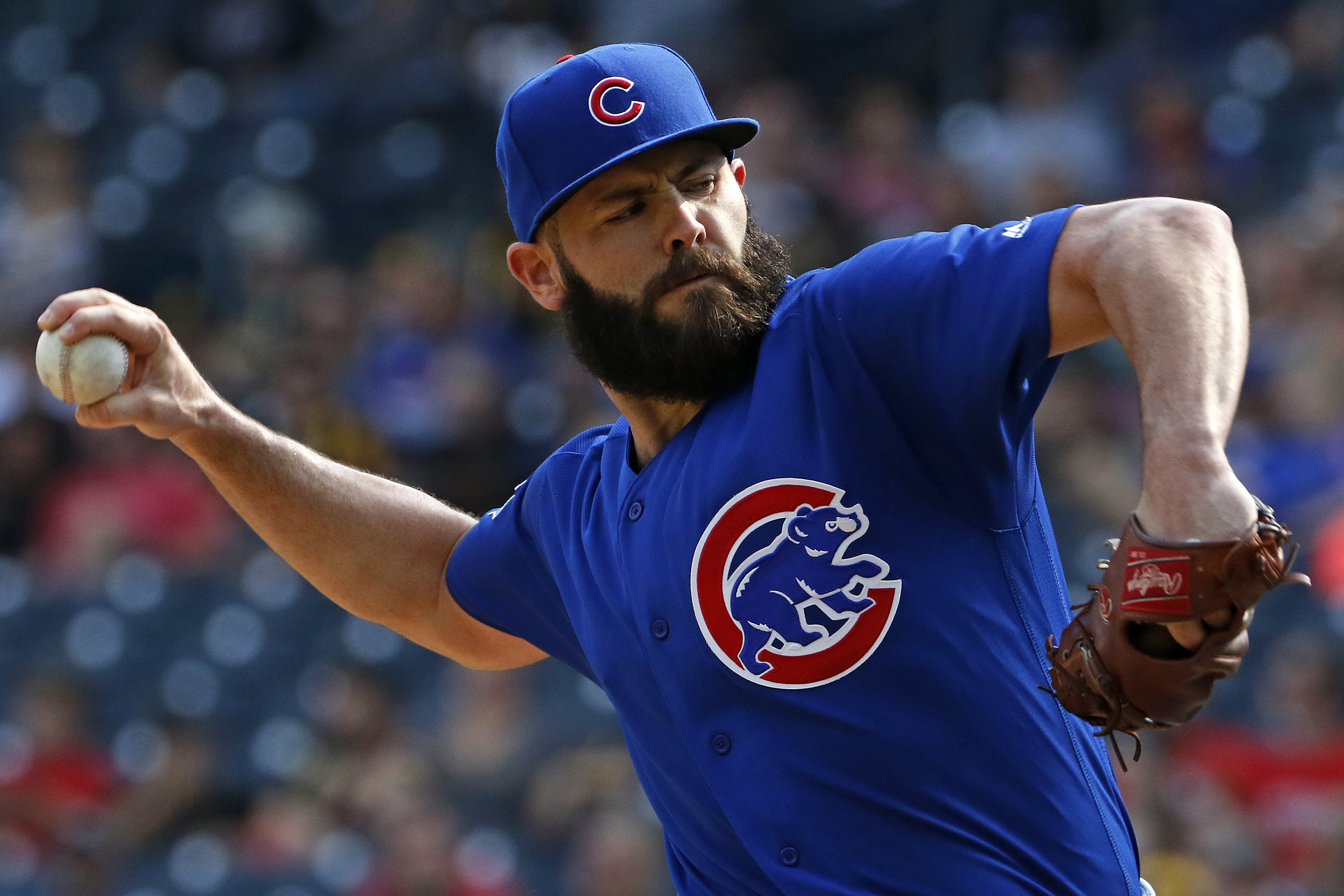 Chicago Cubs starting pitcher Jake Arrieta delivers in the first inning of a baseball game against the Pittsburgh Pirates in Pittsburgh, Monday, Sept. 4, 2017. (AP Photo/Gene J. Puskar)