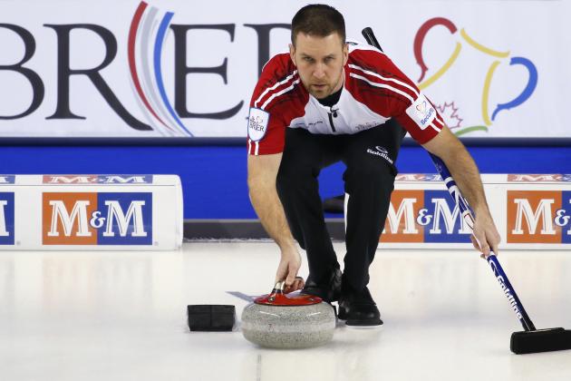 CALGARY, AB - MARCH 1: Newfoundland and Labrador skip Brad Gushue delivers his shot in his game against Northwest Territories during the Tim Horton's Brier at the Scotiabank Saddledome on March 1, 2015 in Calgary, Alberta, Canada. (Photo by Todd Korol/Getty Images)