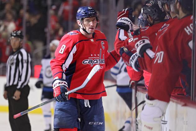 WASHINGTON, DC - MARCH 12: Alex Ovechkin #8 of the Washington Capitals celebrates after scoring his 599th career goal against the Winnipeg Jets during the first period at Capital One Arena on March 12, 2018 in Washington, DC. (Photo by Patrick Smith/Getty Images)