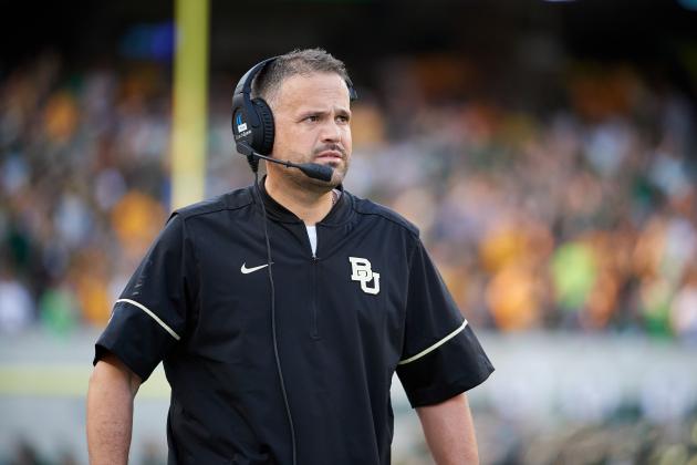 WACO, TX - SEPTEMBER 2:  Baylor Bears head coach Matt Rhule looks on against the Liberty Flames during a football game at McLane Stadium on September 2, 2017 in Waco, Texas.  (Photo by Cooper Neill/Getty Images)