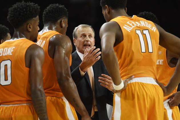 Tennessee coach Rick Barnes talks with his team during a timeout against Arkansas during the second half of an NCAA college basketball game Saturday, Dec. 30, 2017 in Fayetteville, Ark. (AP Photo/Michael Woods)