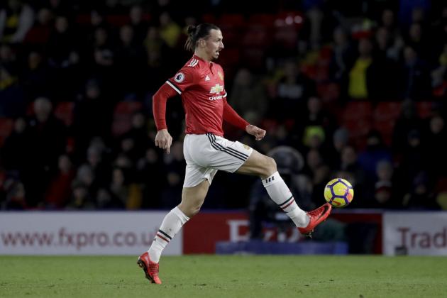Manchester United's Zlatan Ibrahimovic controls the ball during the English Premier League soccer match between Watford and Manchester United at Vicarage Road stadium in Watford, England, Tuesday, Nov. 28, 2017. (AP Photo/Matt Dunham)