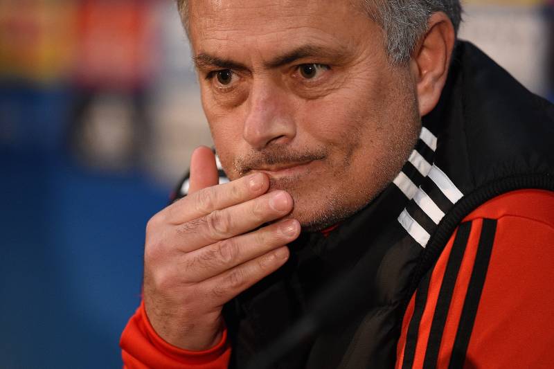 Manchester United's Portuguese manager Jose Mourinho attends a press conference following a team training session, at Old Trafford stadium in Manchester, north west England on March 12, 2018, on the eve of their UEFA Champions League round of 16 second-leg football match against Sevilla. / AFP PHOTO / Oli SCARFF (Photo credit should read OLI SCARFF/AFP/Getty Images)