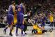 Phoenix Suns' Jared Dudley (3) and Marquese Chriss (0) stand nearby after shoving Utah Jazz's Ricky Rubio, right, to the court during the second of an NBA basketball game Thursday, March 15, 2018, in Salt Lake City. Dudley and Chriss were ejected with a flagrant 2 fouls. (AP Photo/Rick Bowmer)
