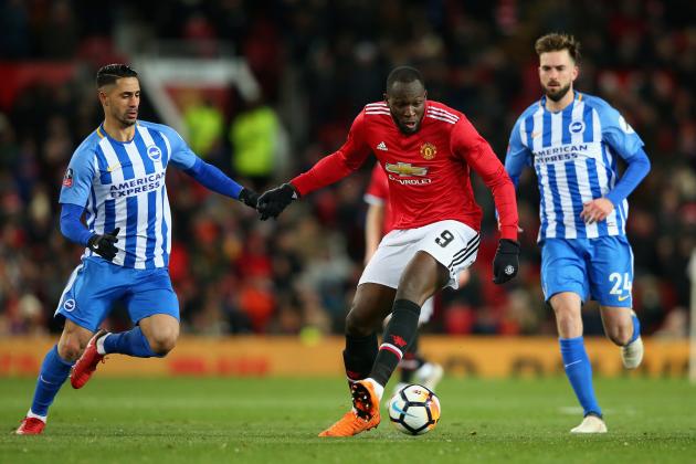 MANCHESTER, ENGLAND - MARCH 17: Romelu Lukaku of Manchester United iin action during the Emirates FA Cup Quarter Final between Manchester United and Brighton & Hove Albion at Old Trafford on March 17, 2018 in Manchester, England.  (Photo by Alex Livesey/Getty Images)